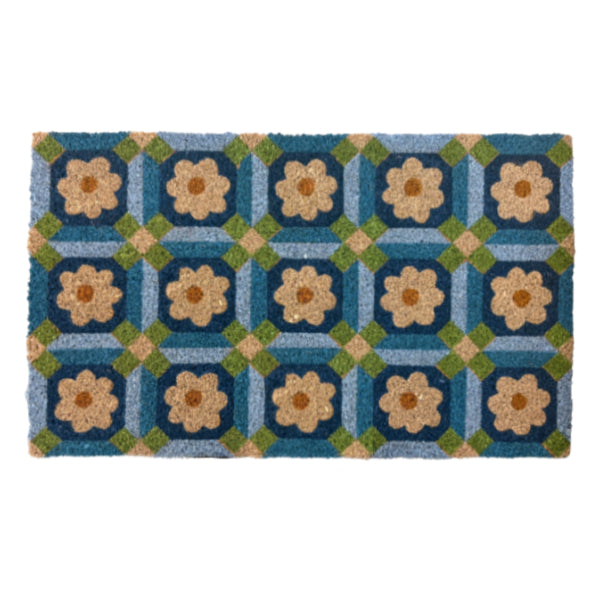 Blue floral mosaic print coir doormat