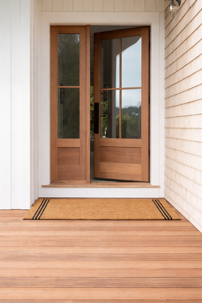 Black stripes natural coir long doormat lifestyle | The Trading House NZ
