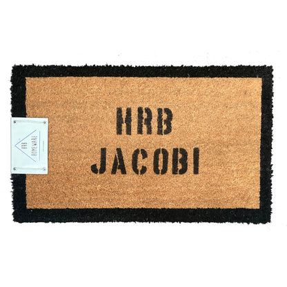 Personalised custom black trim natural coir doormat | The Trading House NZ