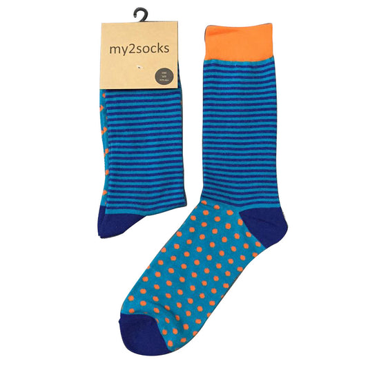 Mens socks - teal and orange spots and stripes